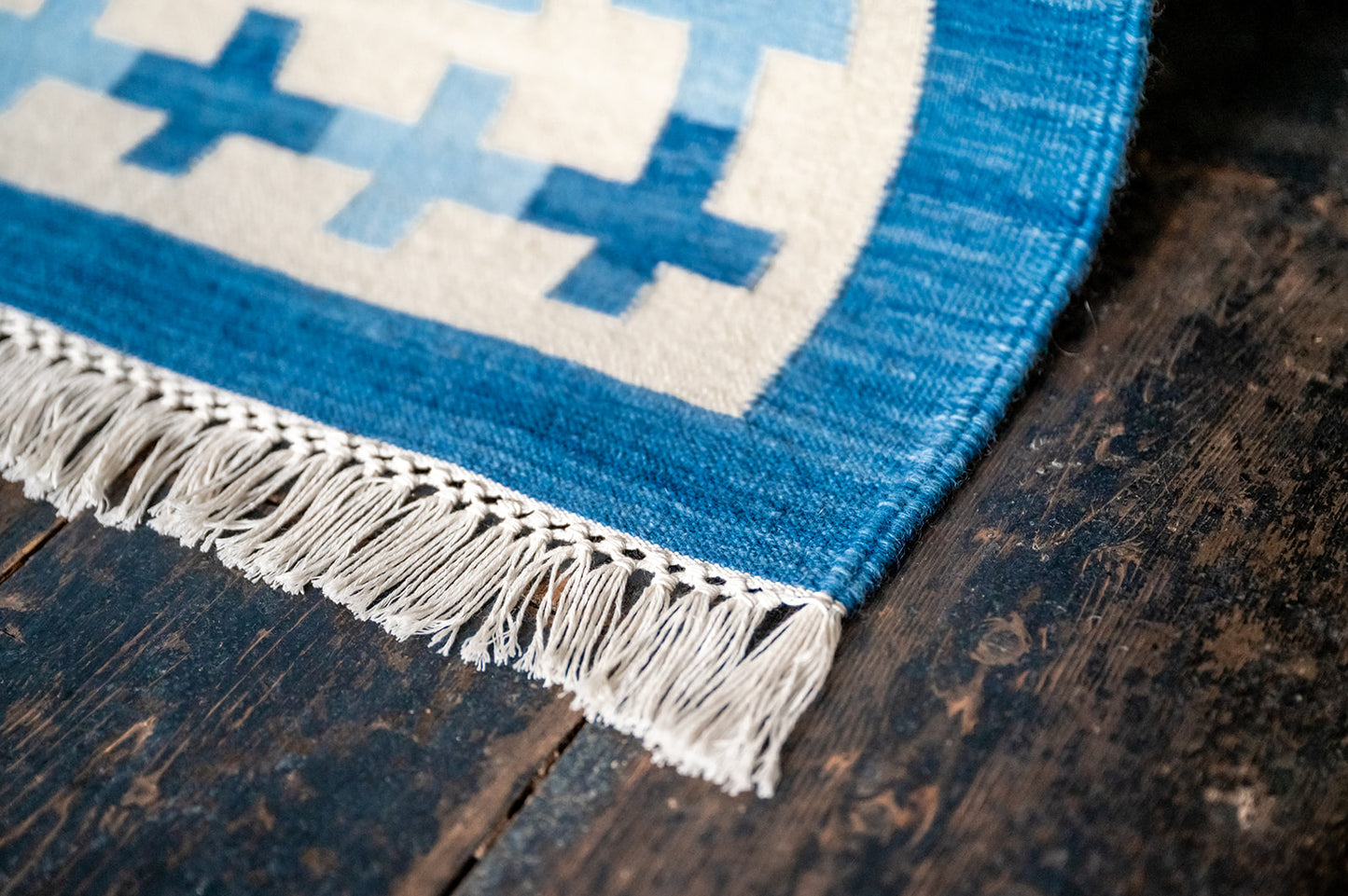 Cross Border Flatweave Rug in Dark Denim Blue and Hazy Summer Sky
