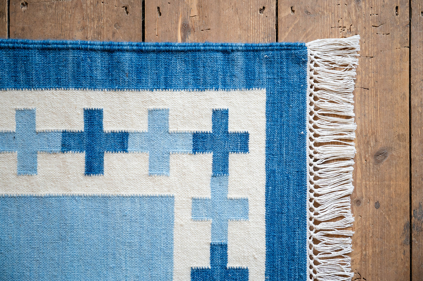 Cross Border Flatweave Rug in Dark Denim Blue and Hazy Summer Sky