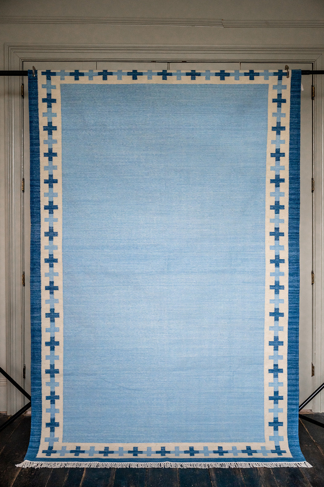 Cross Border Flatweave Rug in Dark Denim Blue and Hazy Summer Sky