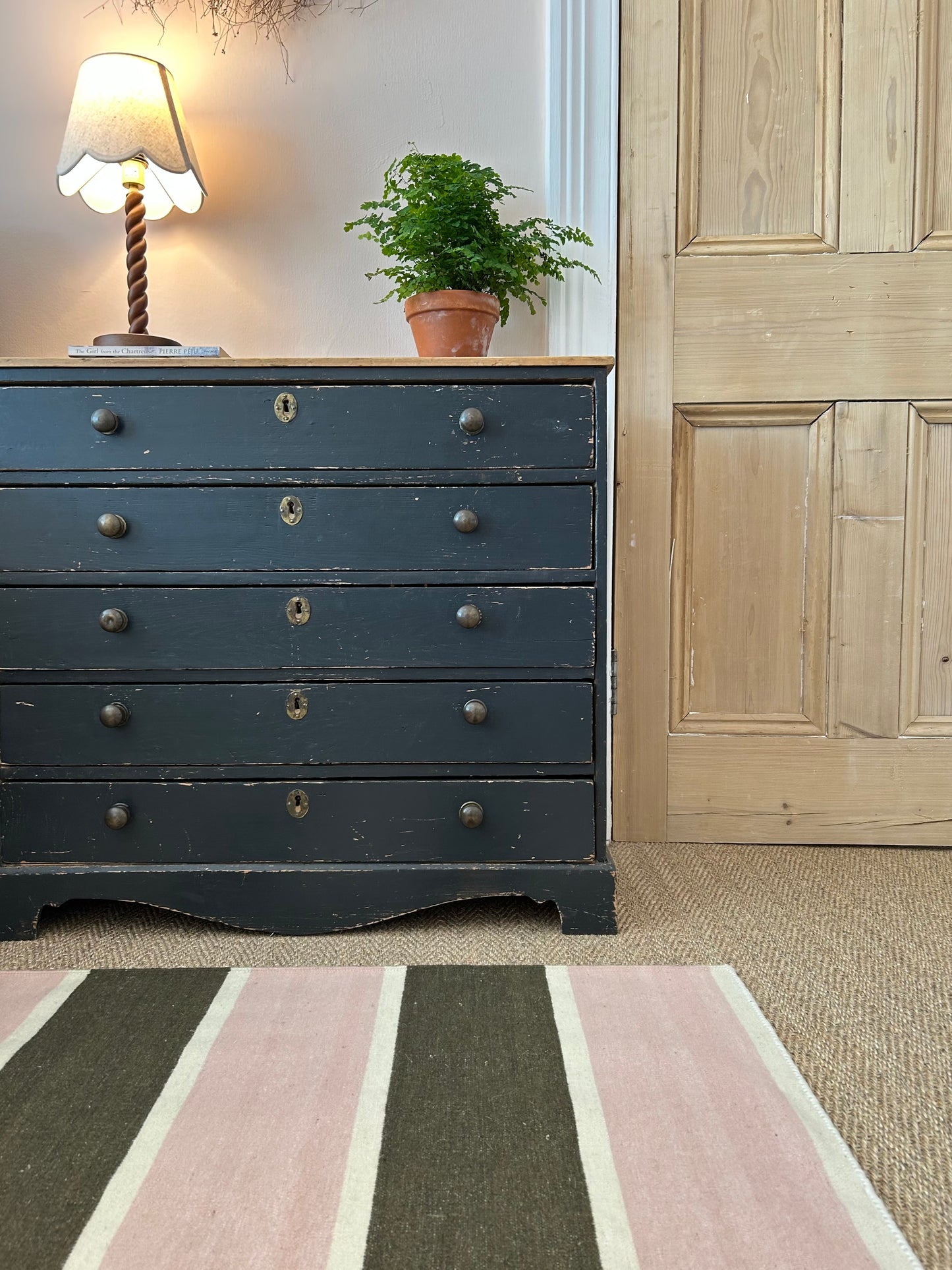 Pink and Olive Green Stripe Flatweave Rug