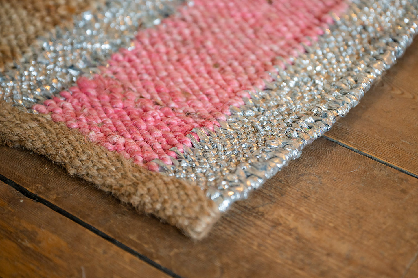 Lipstick Pink and Silver Striped Jute Rug