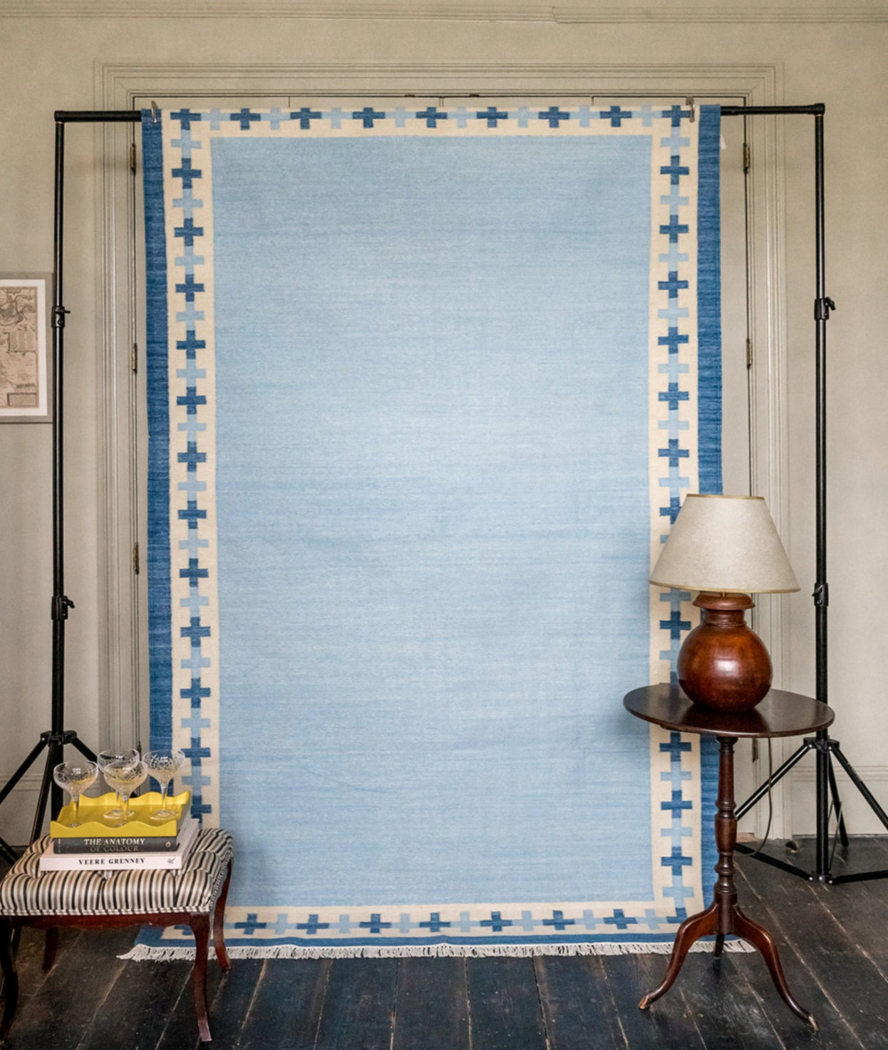 Cross Border Flatweave Rug in Dark Denim Blue and Hazy Summer Sky