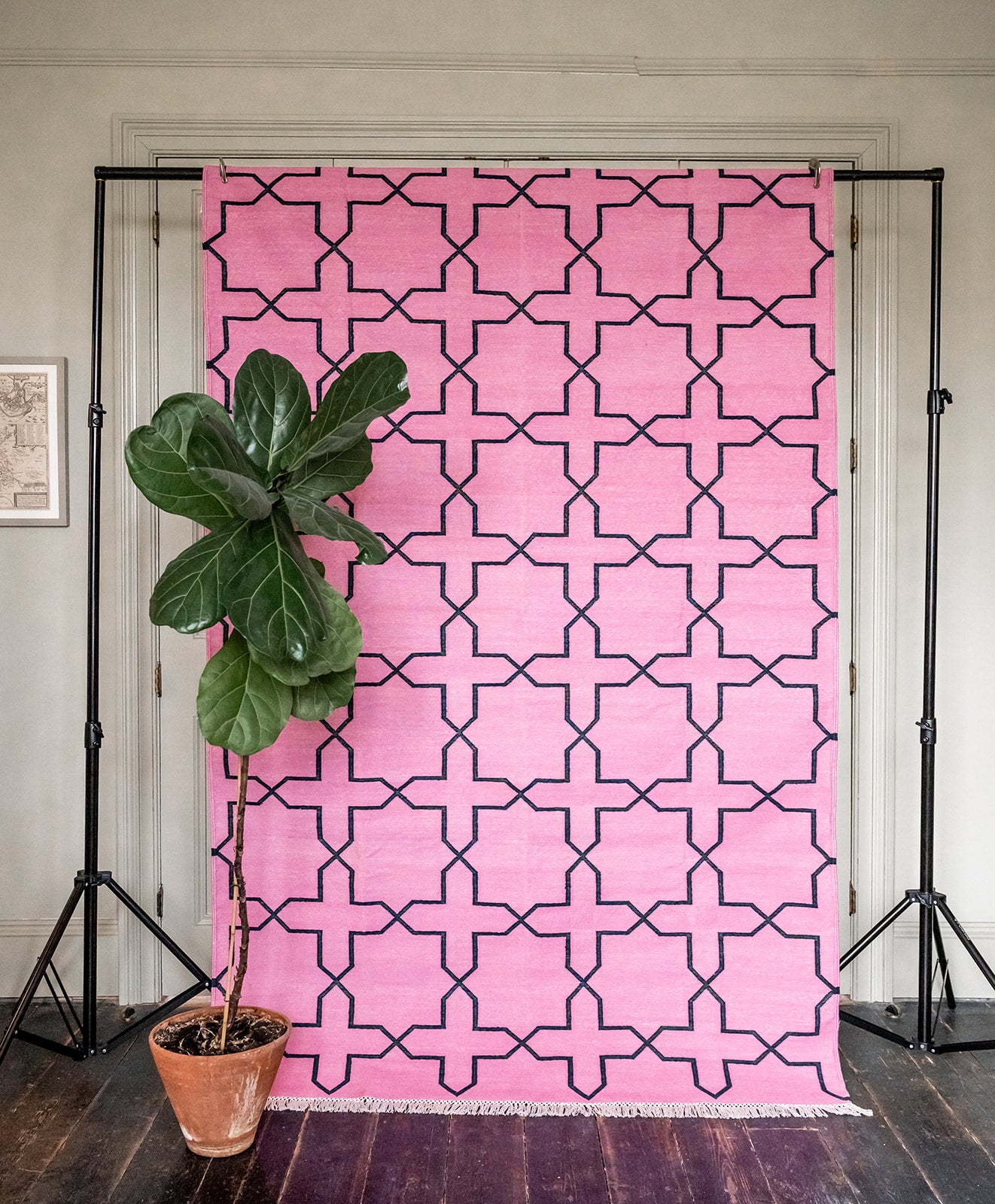 Raspberry Pink and Almost Black Graphic Cross Flatweave Rug, Cotton