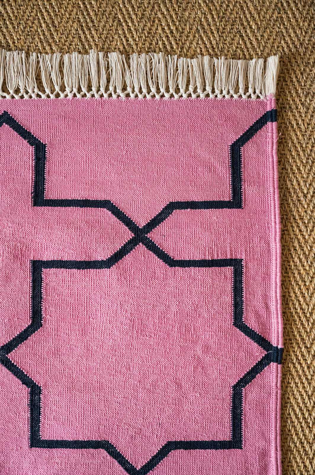 Raspberry Pink and Almost Black Graphic Cross Flatweave Rug, Cotton