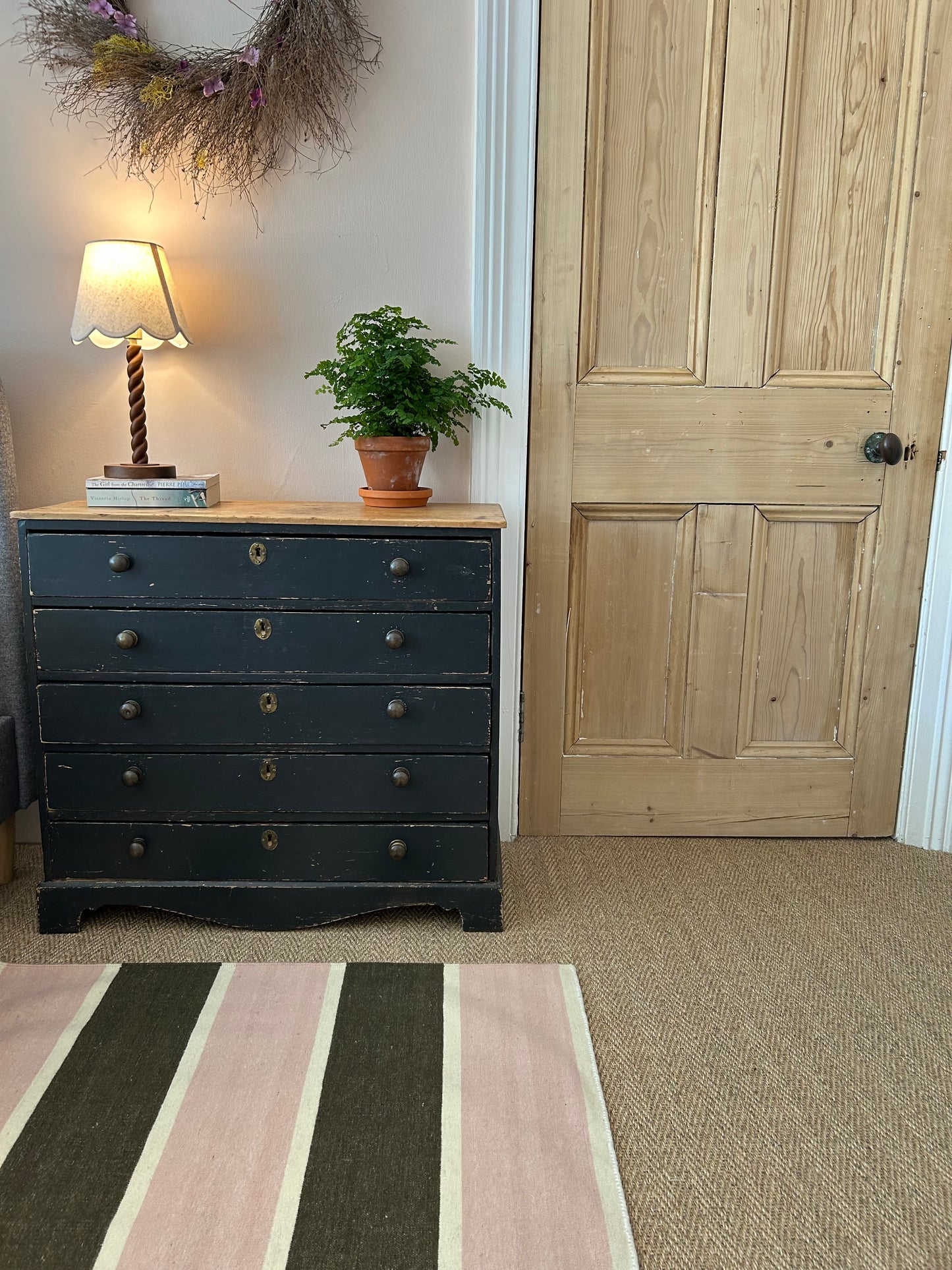 Pink and Olive Green Stripe Flatweave Rug