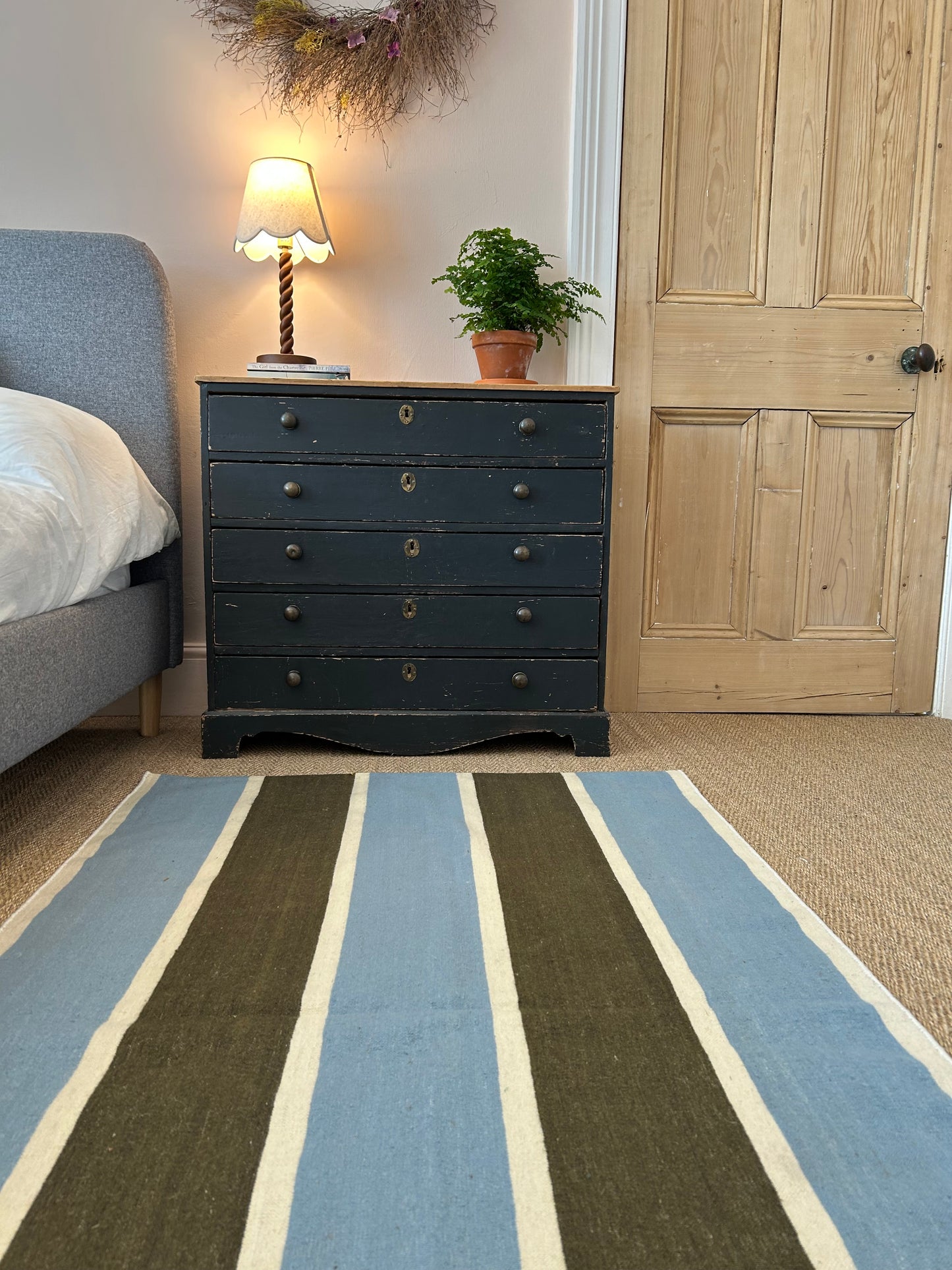 Soft Blue and Olive Green Stripe Flatweave Rug