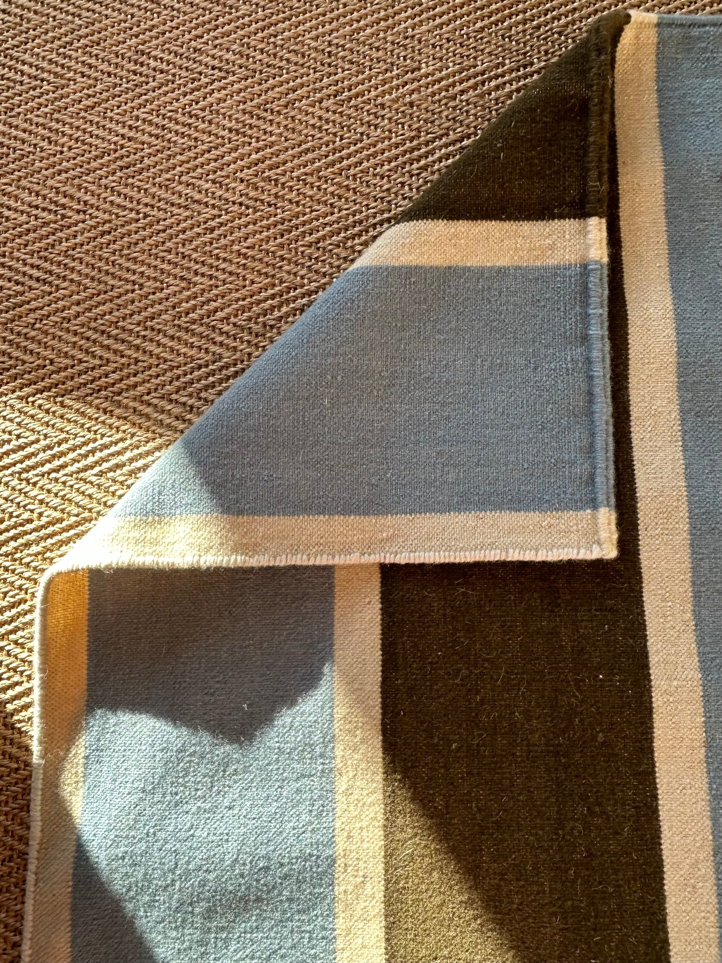 Soft Blue and Olive Green Stripe Flatweave Rug