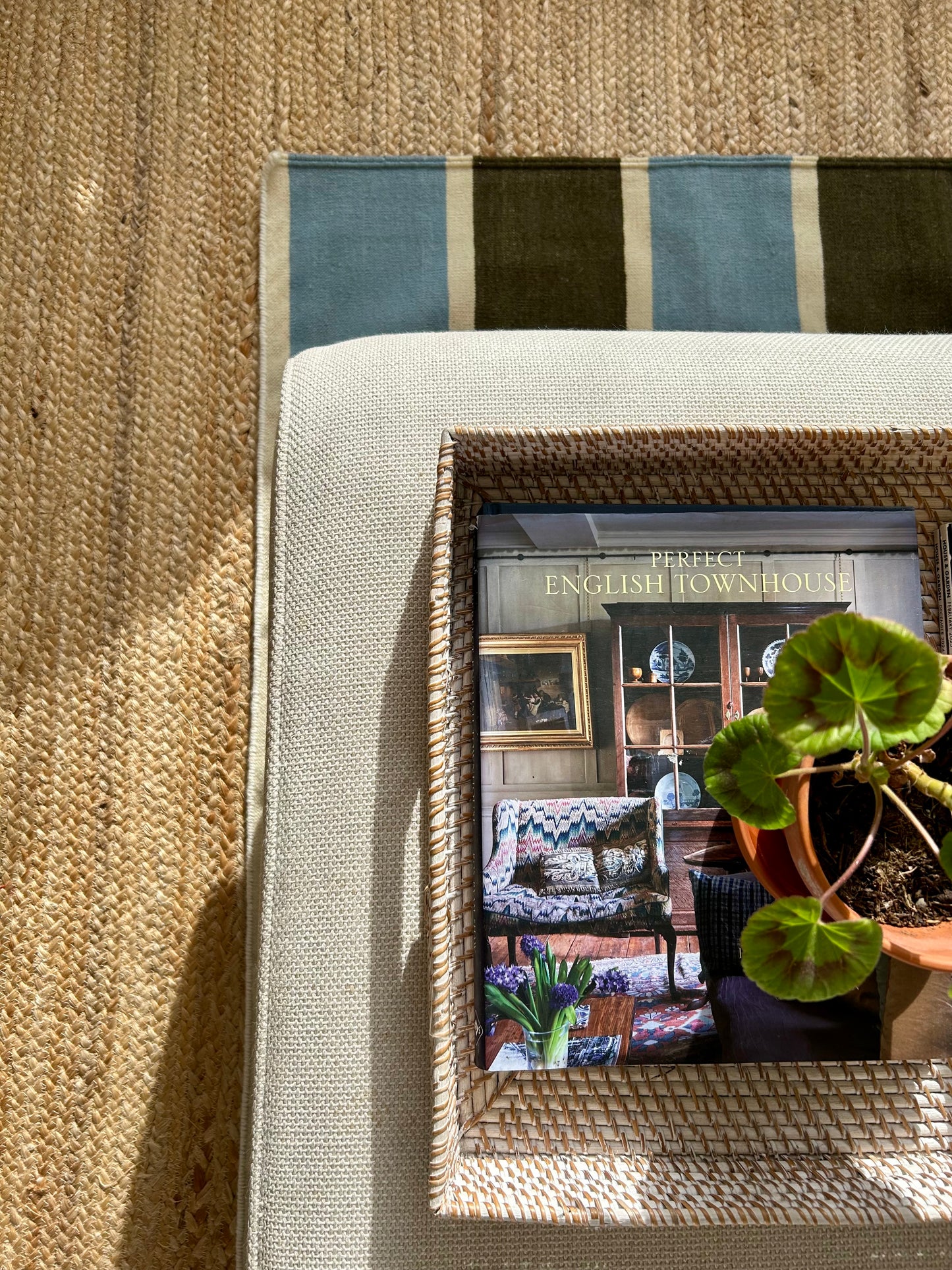 Soft Blue and Olive Green Stripe Flatweave Rug