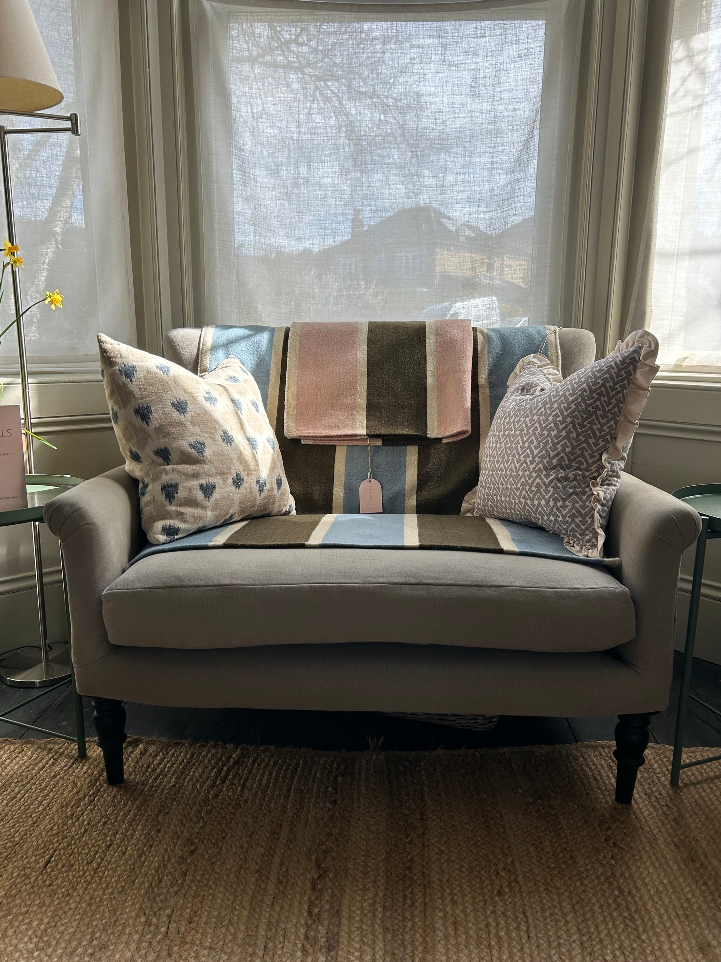 Soft Blue and Olive Green Stripe Flatweave Rug