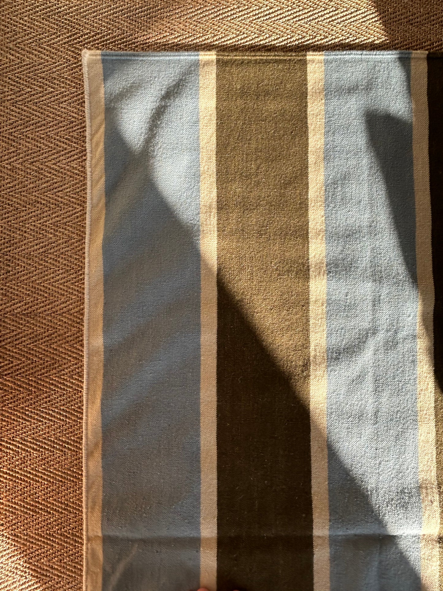 Soft Blue and Olive Green Stripe Flatweave Rug