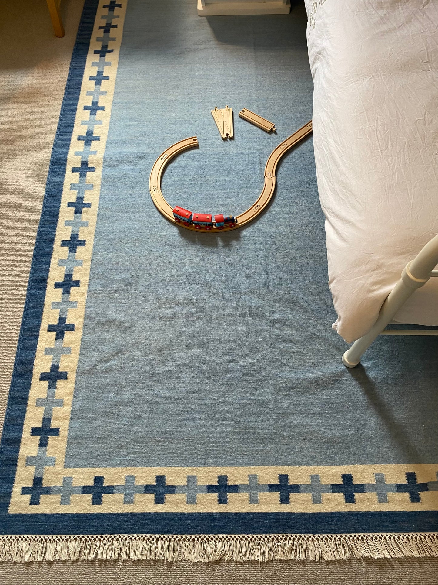 Cross Border Flatweave Rug in Dark Denim Blue and Hazy Summer Sky