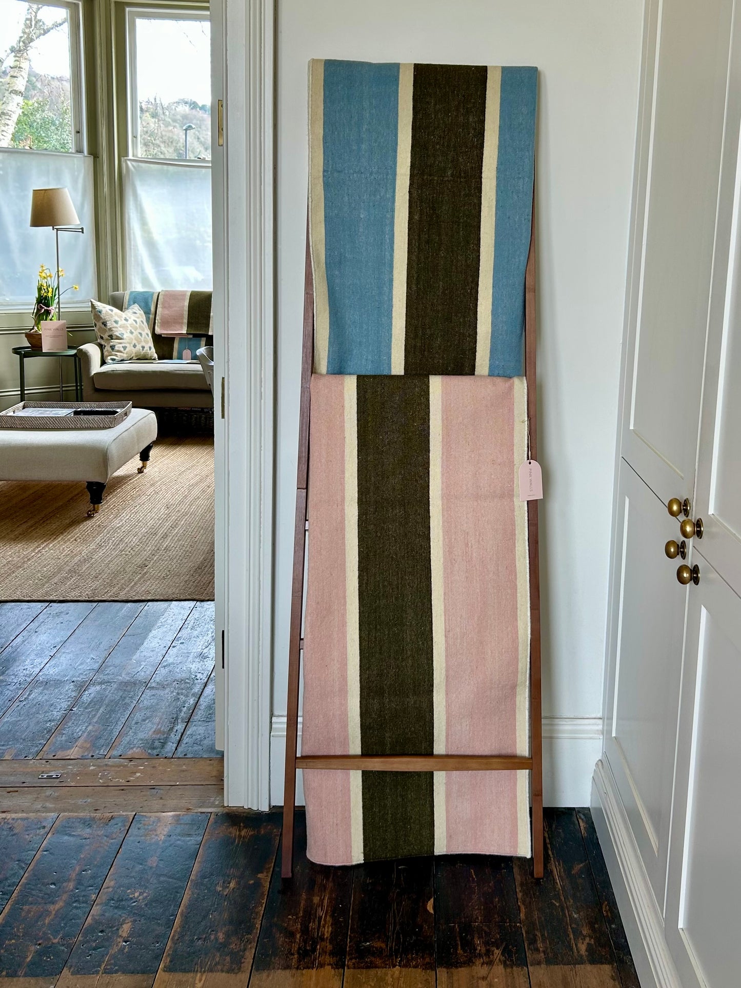 Soft Blue and Olive Green Stripe Flatweave Rug