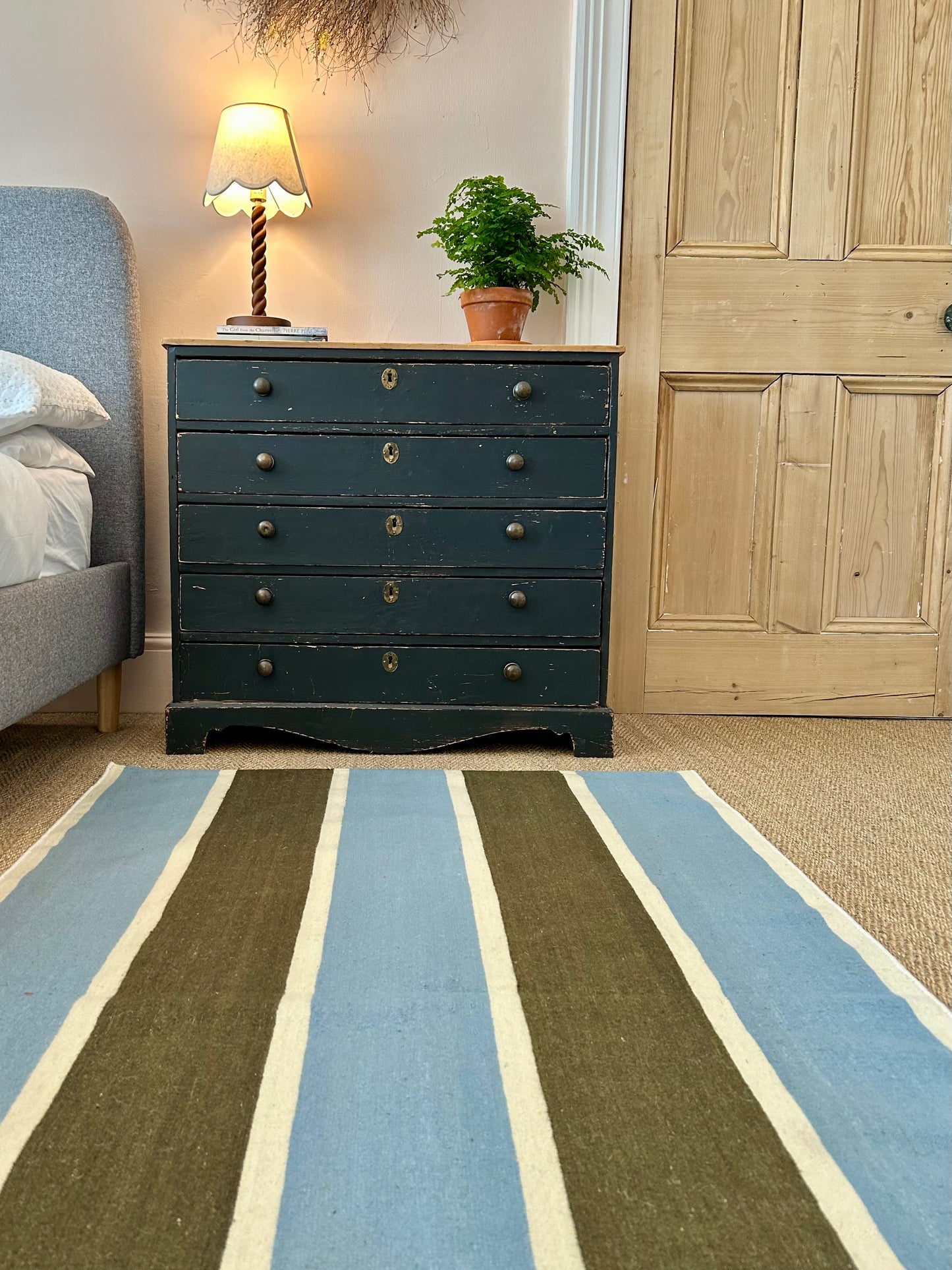 Soft Blue and Olive Green Stripe Flatweave Rug