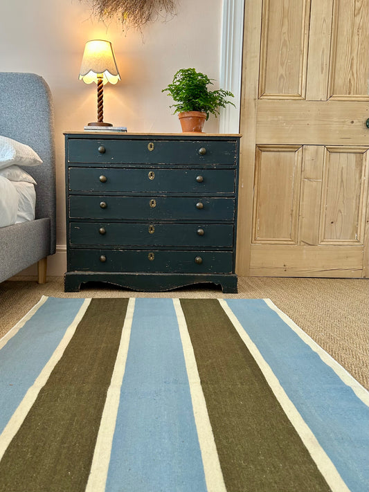 Soft Blue and Olive Green Stripe Flatweave Rug