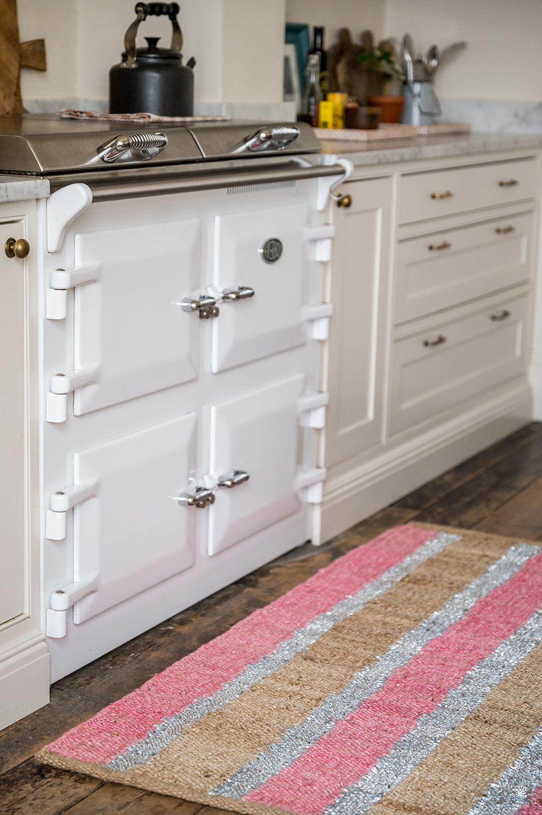 Lipstick Pink and Silver Striped Jute Rug