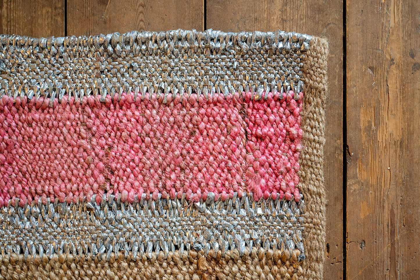 Lipstick Pink and Silver Striped Jute Rug