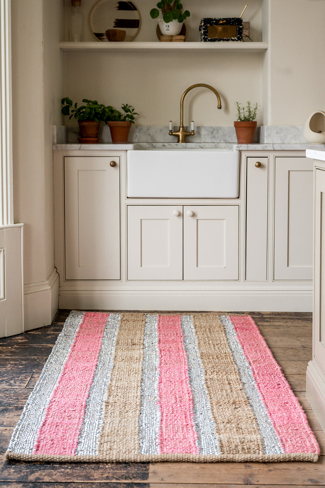 Pink and Silver Striped Jute Rug